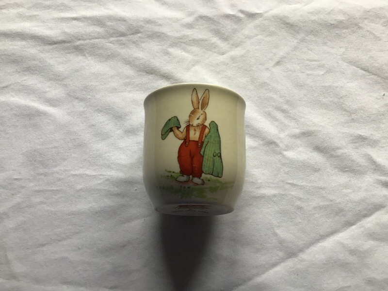 Royal Doulton Bunnykins Eggcup Playing with doll and pram & Holding hat and coat
